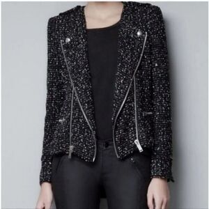 Zara Fantasy Fabric Wool Blend Boucle Tweed Moto Blazer Jacket Size Medium